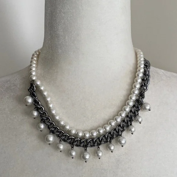 Edgy Pearl and Gunmetal Chain Fringe Sophisticated Bohemian Necklace